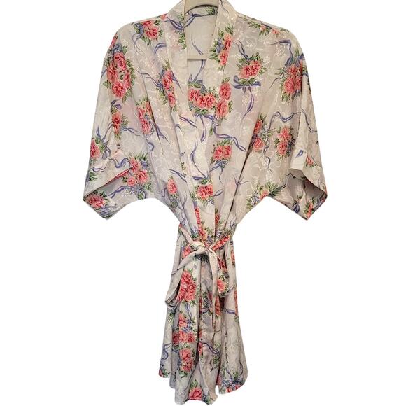 Vintage Floral Satin Robe Pink Rose Print Belted Kimono Style Jacquard One Size - Picture 1 of 7